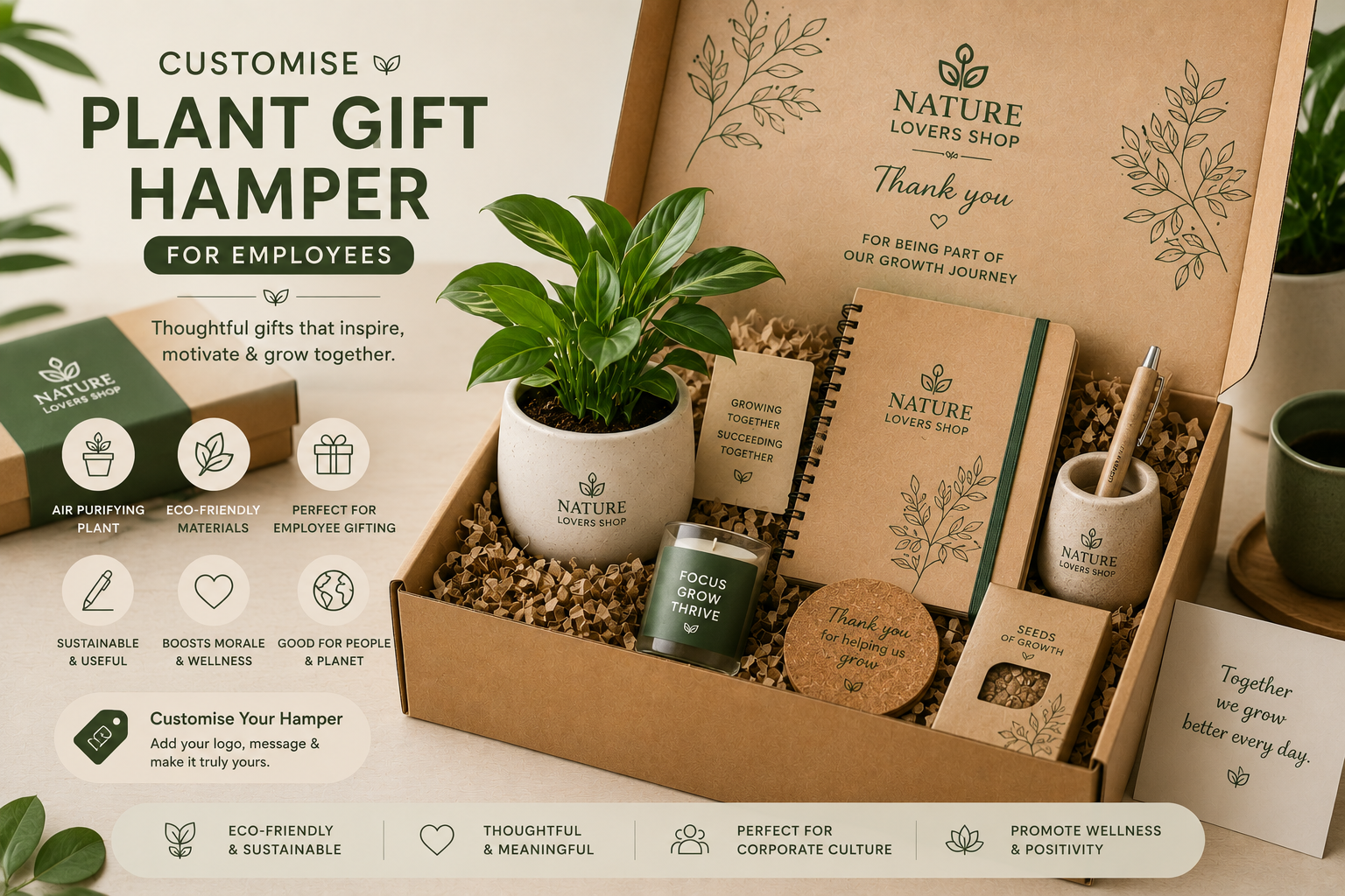 Corporate Plant Gift Hamper for Employees with Indoor Plant, Ceramic Pot, Eco-Friendly Diary, Pen Stand and Customized Company Branding by Nature Lovers Shop
