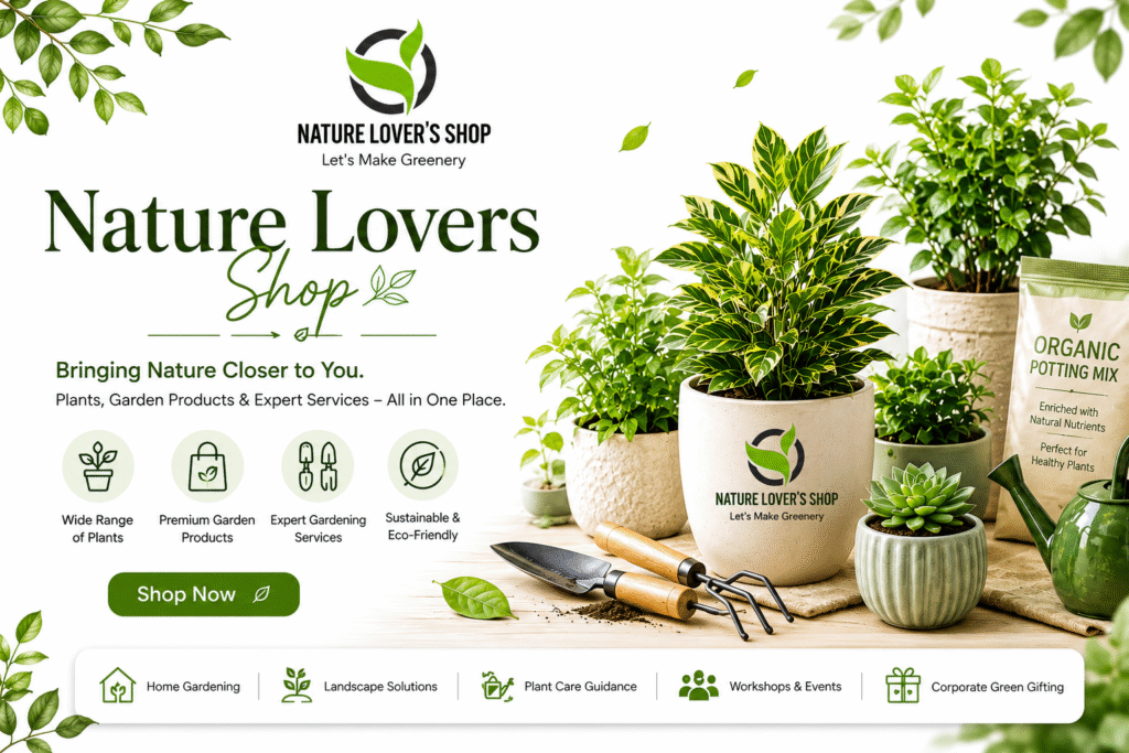 Nature Lovers Shop homepage banner featuring indoor plants, organic potting mix, gardening tools, premium planters, landscaping services, plant care guidance, and eco-friendly gardening solutions.